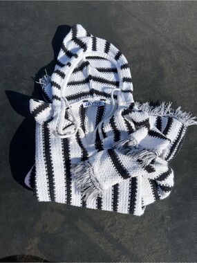 Jayne Black & White Striped Hooded Fringe Poncho 100 percent Cotton Boho Beachy